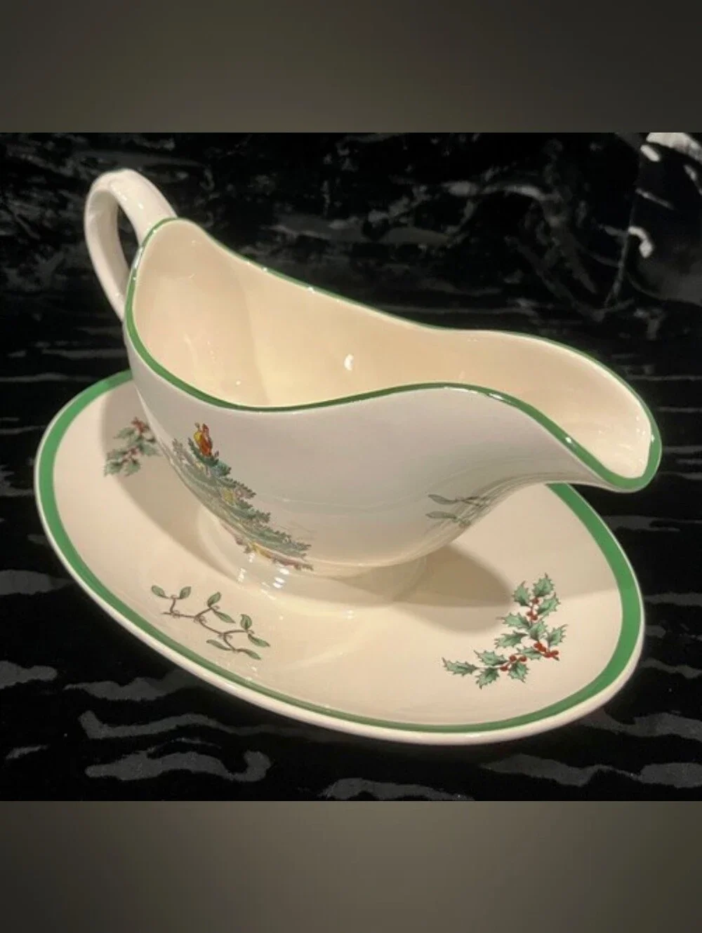 Vintage 1976 Spode Christmas Tree Gravy Boat Attached Stand Made In England EUC